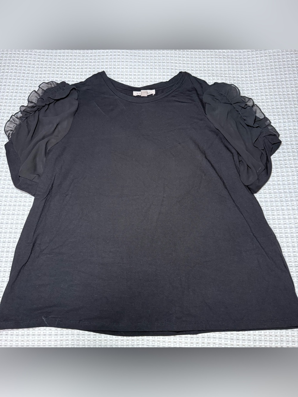 Philosophy Womens 1X Black Top Ruffle Sheer Short Sleeve Jersey Top Dressy